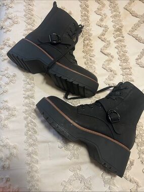 Chunky Black Platform Lace-Up Boots with Buckle